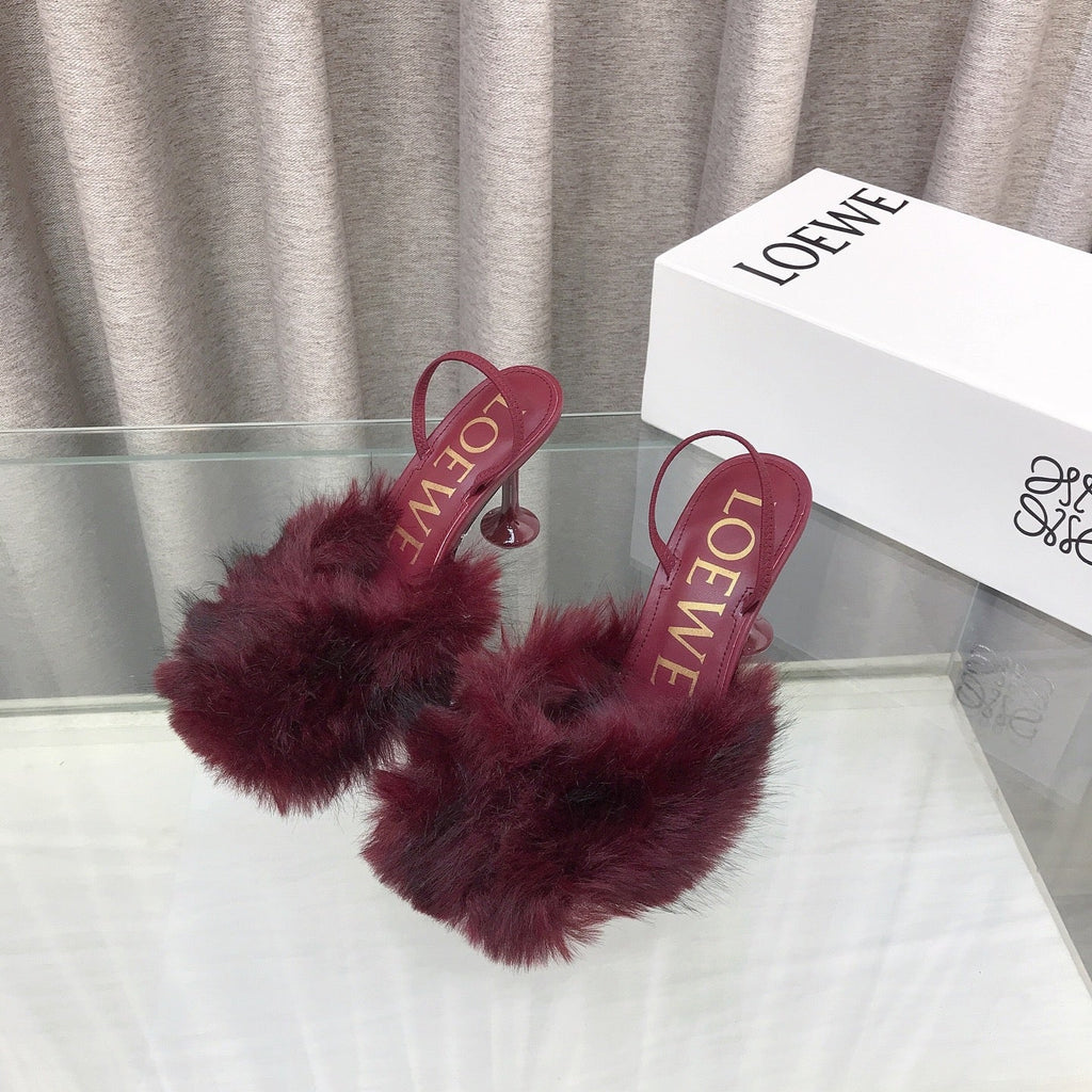 Loewe 25SS Fur-lined Mule 100 Burgundy in Fox Fur 597441