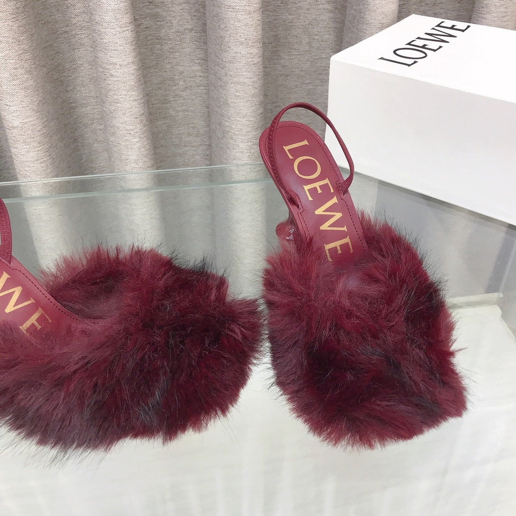 Loewe 25SS Fur-lined Mule 100 Burgundy in Fox Fur 597441