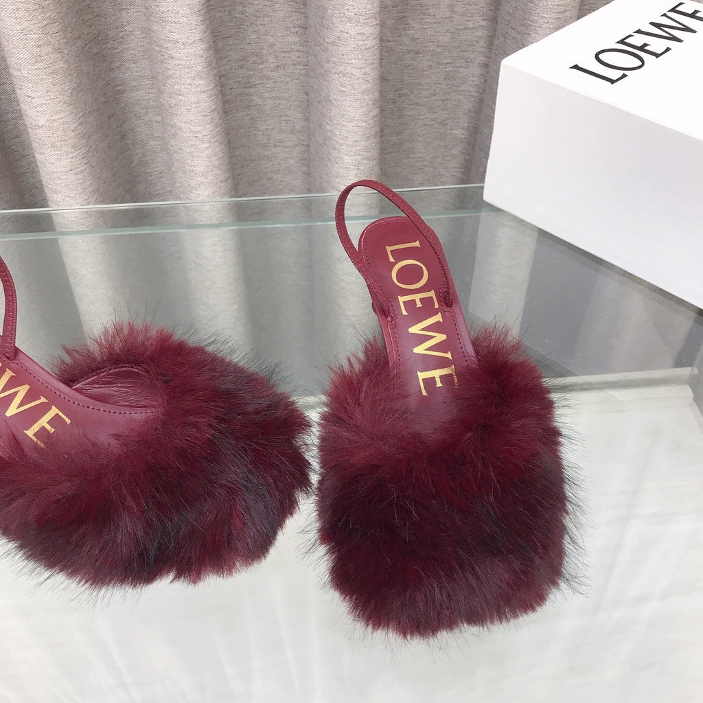 Loewe 25SS Fur-lined Mule 60 Burgundy in Fox Fur 597437