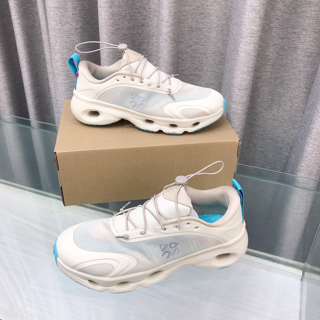 Loewe x on Angpao Couple Running Sneakers White Blue Nylon Calfskin 597426
