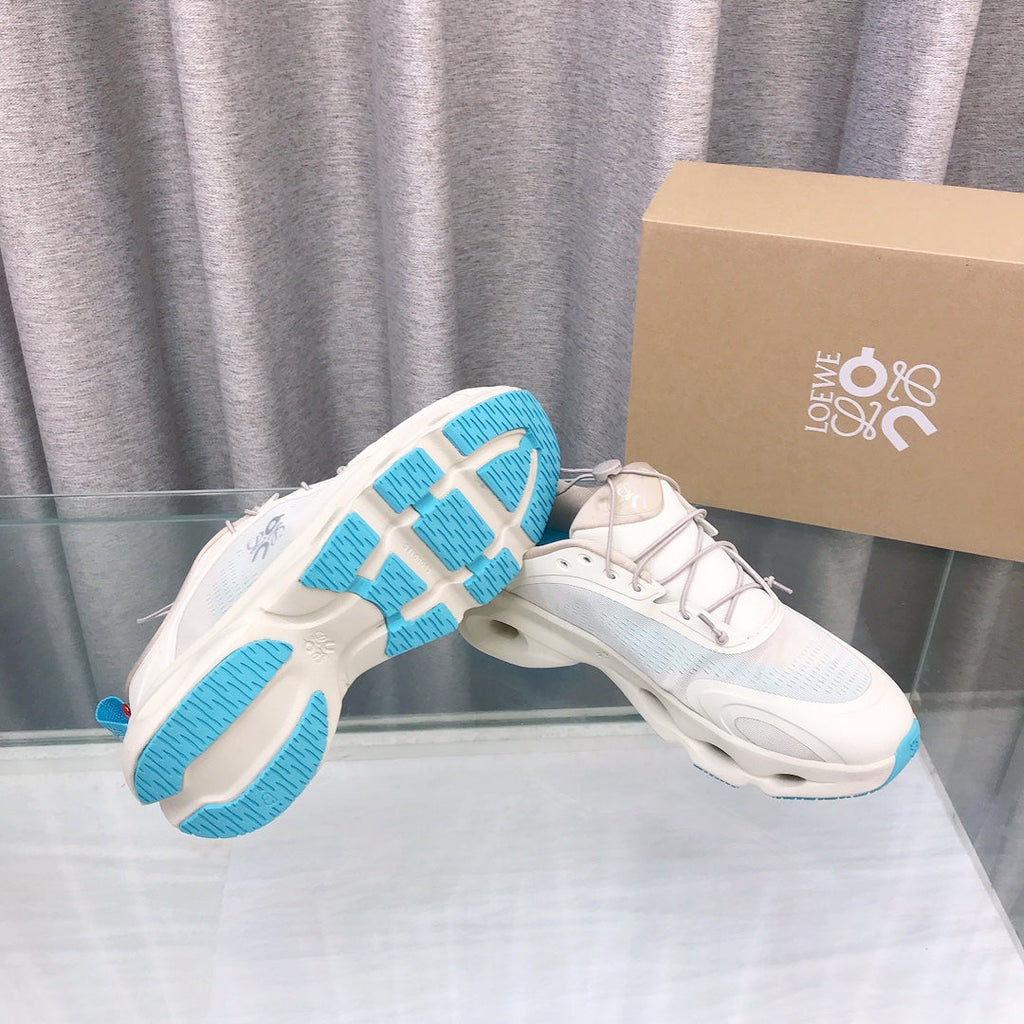 Loewe x on Angpao Couple Running Sneakers White Blue Nylon Calfskin 597426
