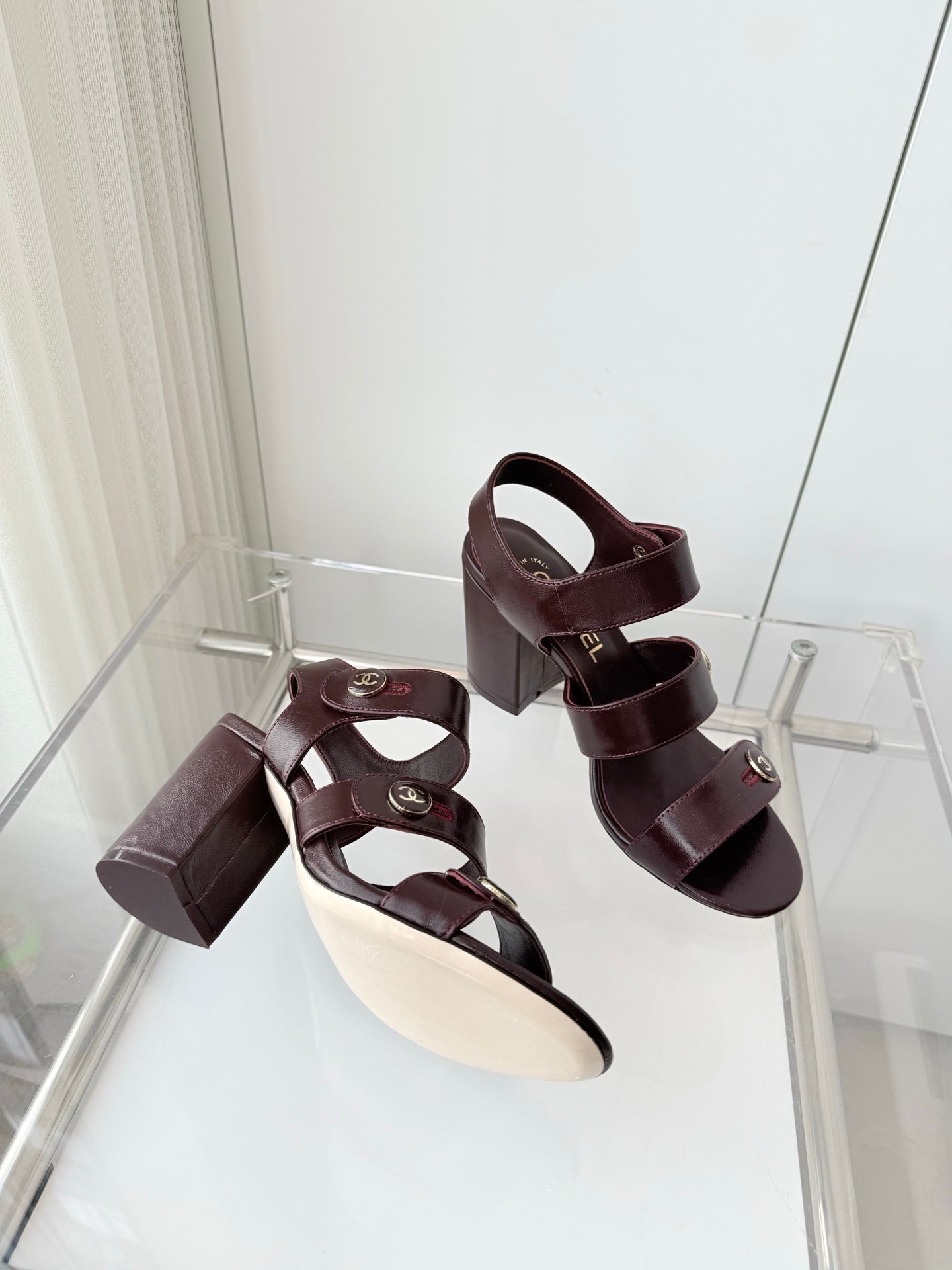 Chanel 26 Turnlock 80 Burgundy Sandal Heels in Lambskin 597404