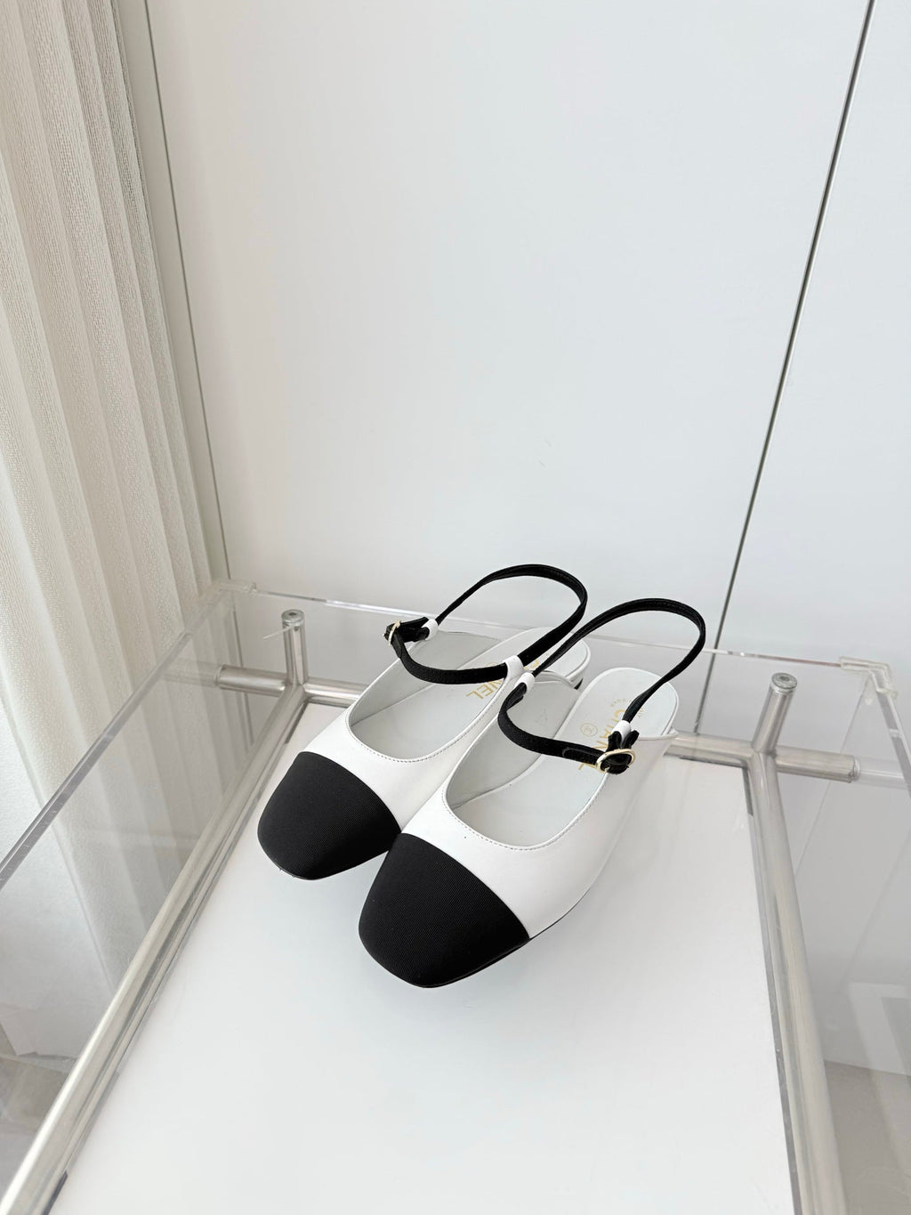 Chanel 26 Slingback Flats White Black in Lambskin 597390