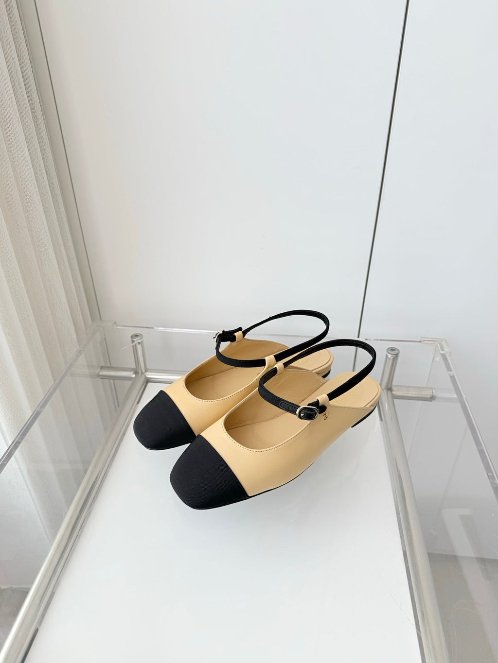 Chanel 26 Slingback Flats Beige Black in Lambskin 597389