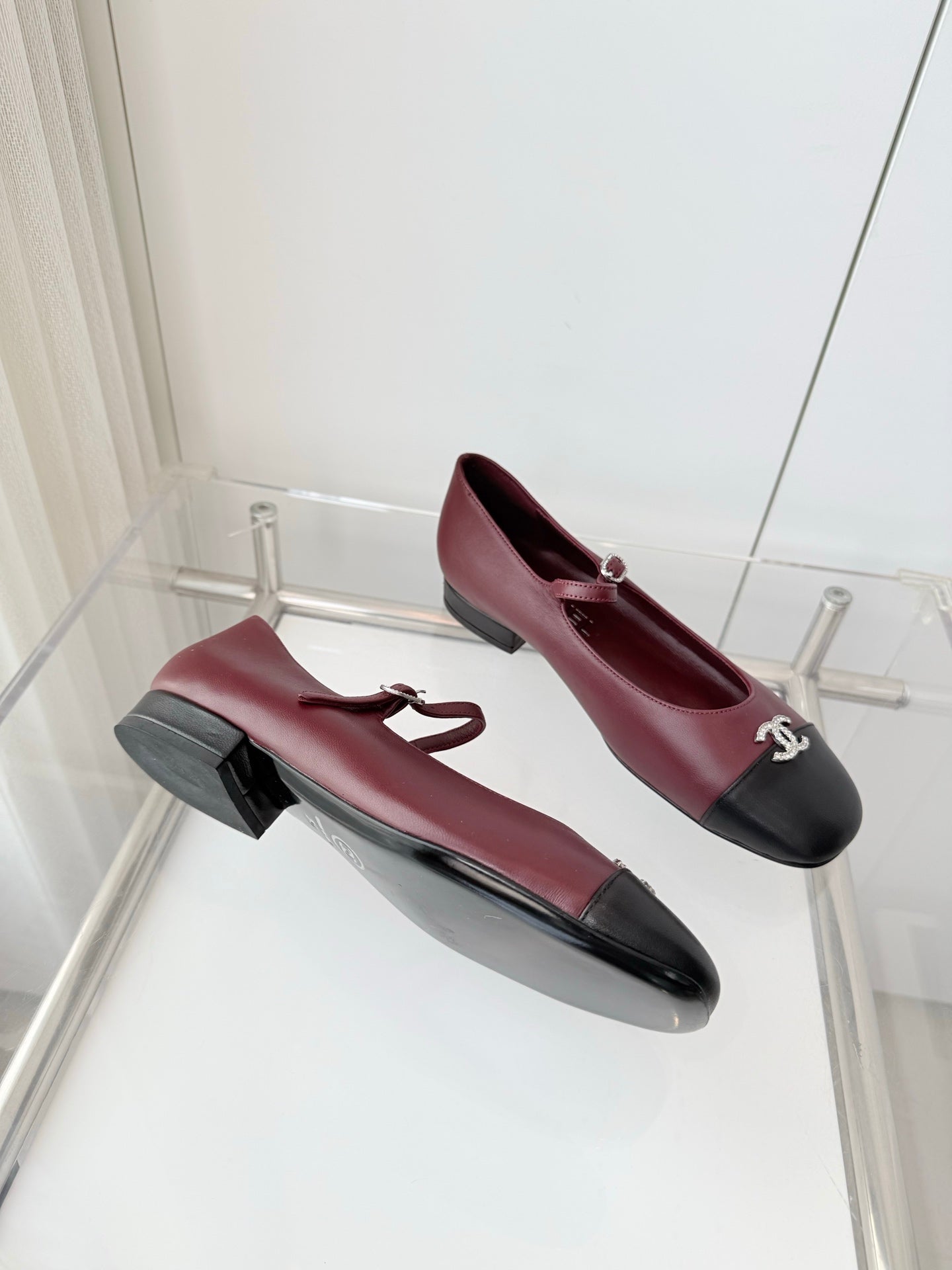 Chanel 26 MaryJane Shoes Burgundy Black Lambskin 597383
