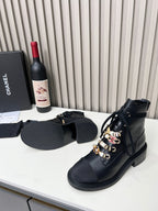 Chanel CC Combat Short Boots With Pearl Black in Calfskin 597894