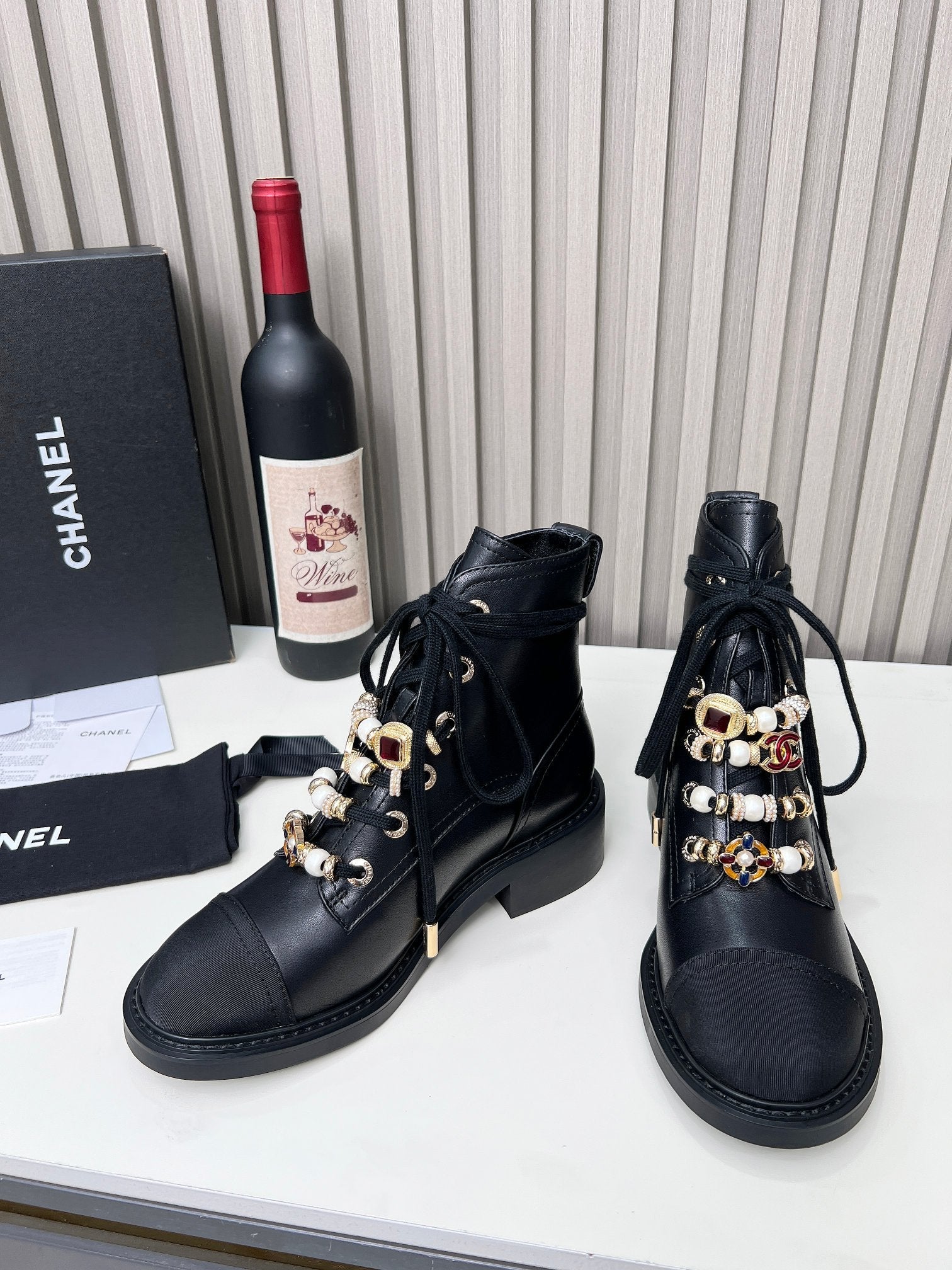 Chanel CC Combat Short Boots With Pearl Black in Calfskin 597894