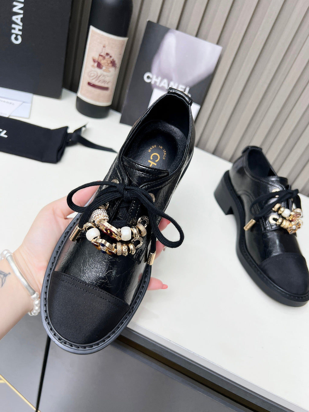 Chanel CC Combat Shoes With Pearl Black in Calfskin 597895