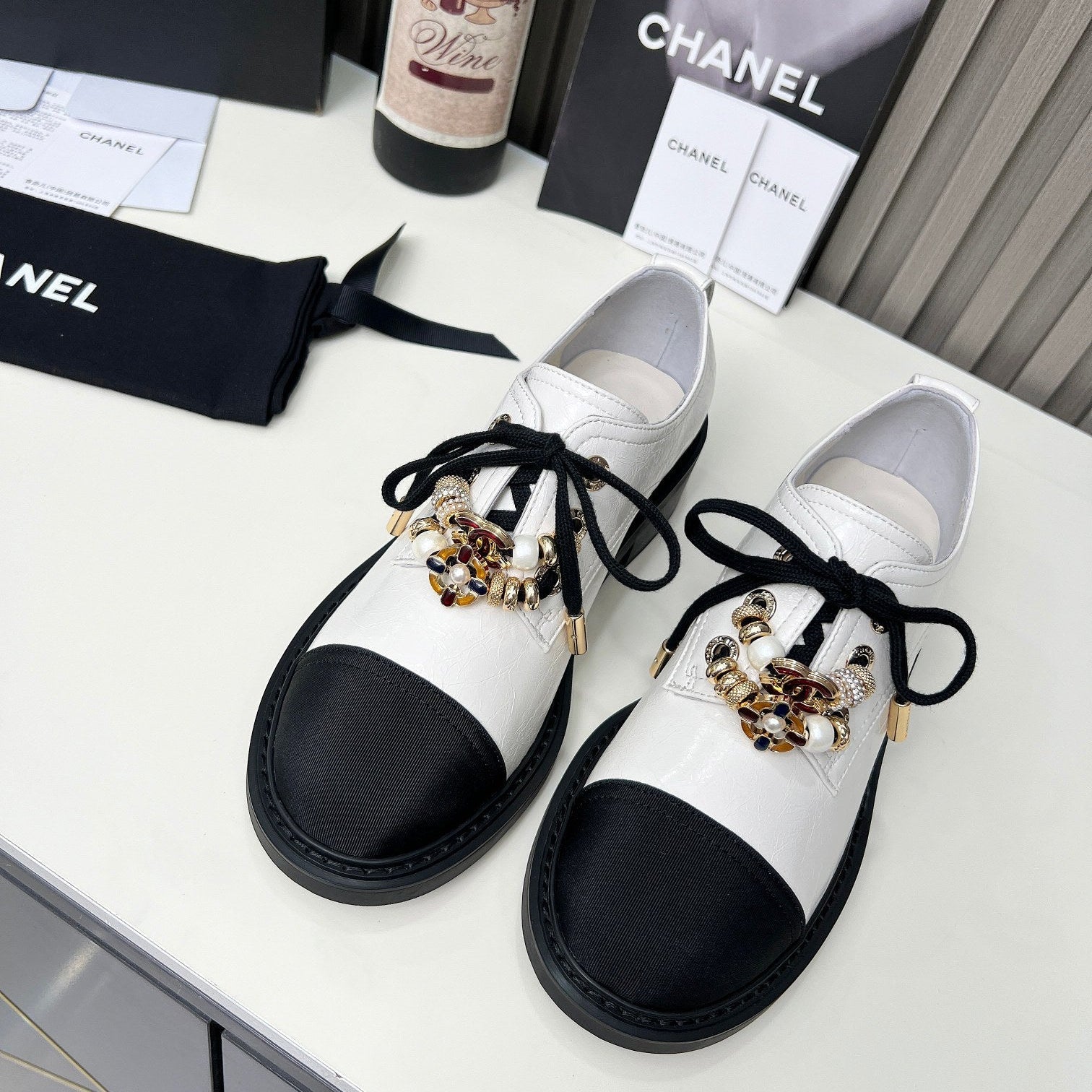 Chanel CC Combat Shoes With Pearl White in Calfskin 597896