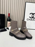 Chanel Chain Sock Ankle Boots Taupe Wool Flyknit 597919
