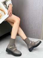 Chanel Chain Sock Ankle Boots Taupe Wool Flyknit 597919