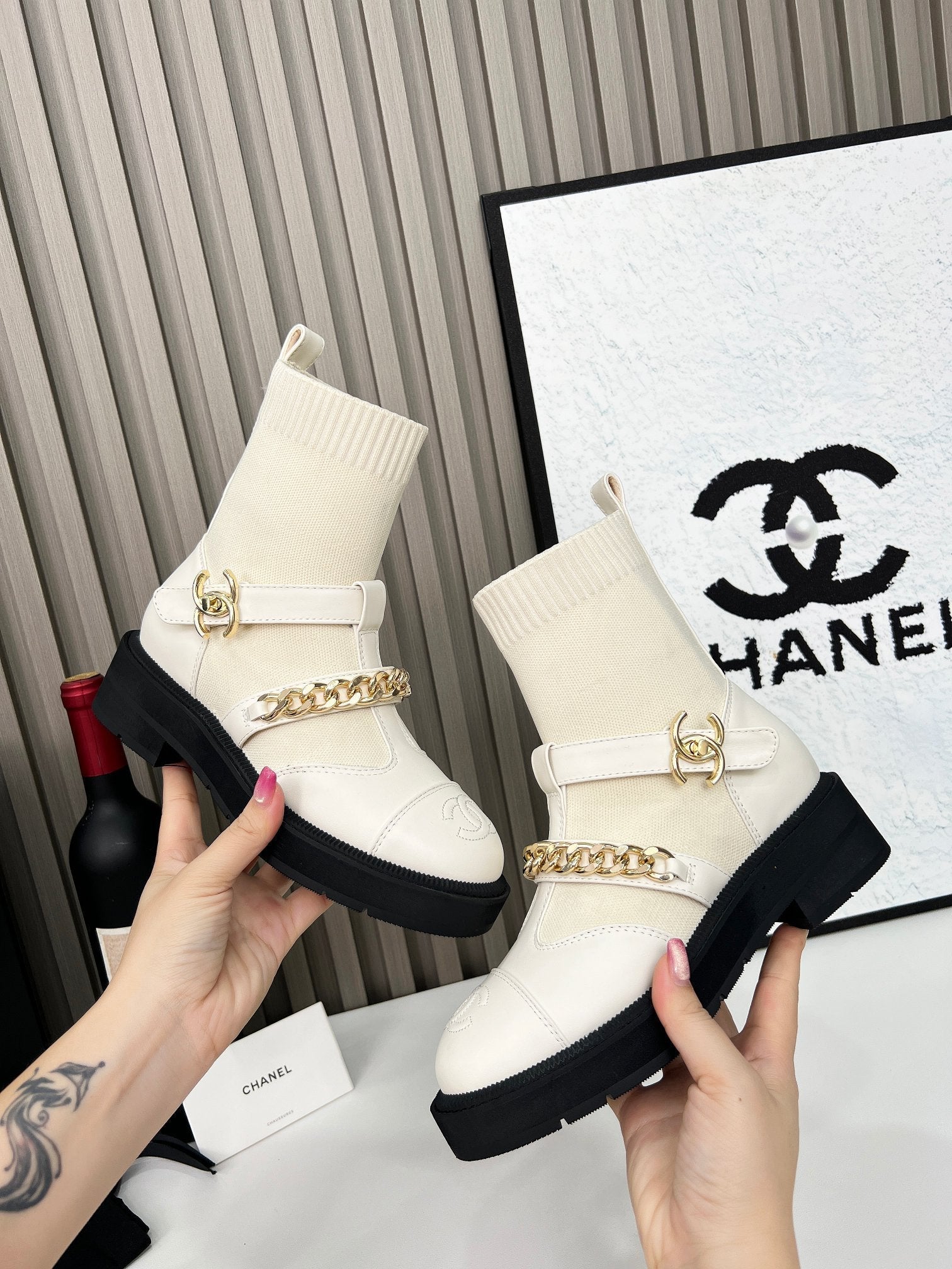 Chanel Chain Sock Ankle Boots White Wool Flyknit 597918