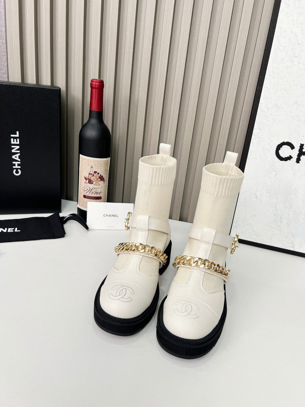 Chanel Chain Sock Ankle Boots White Wool Flyknit 597918