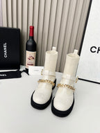 Chanel Chain Sock Ankle Boots White Wool Flyknit 597918