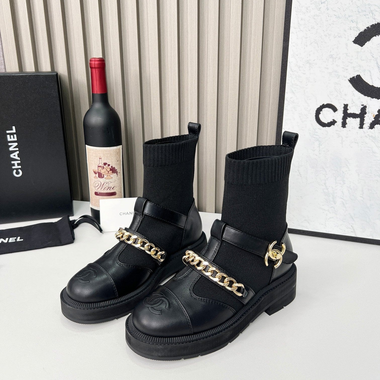 Chanel Chain Sock Ankle Boots Black Wool Flyknit 597917