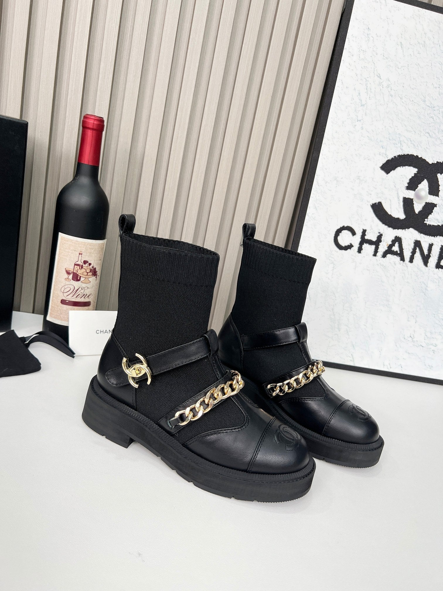 Chanel Chain Sock Ankle Boots Black Wool Flyknit 597917