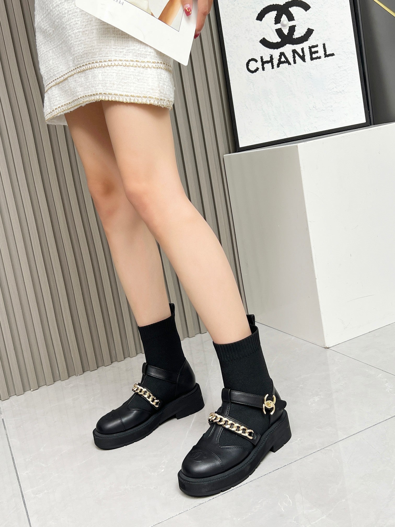 Chanel Chain Sock Ankle Boots Black Wool Flyknit 597917