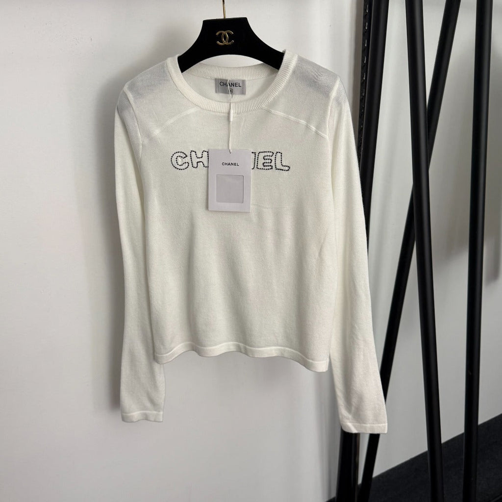 Chanel Long-Sleeved Knit T-Shirt with Embroidered Chanel Logo