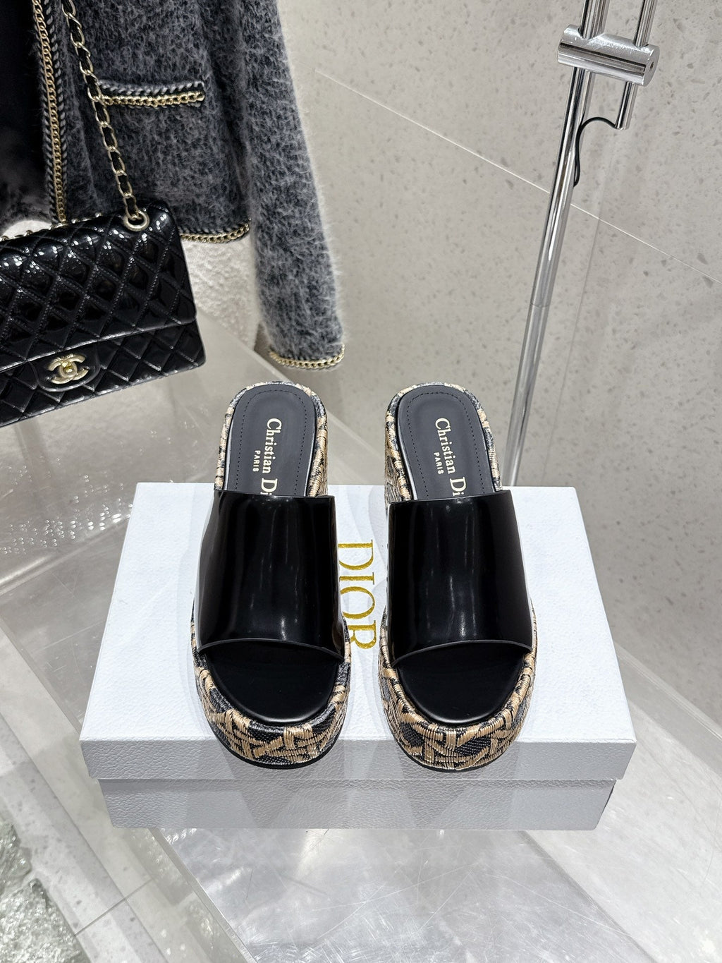 CD Attitude Wedge Sandals Black in Calfskin 598185
