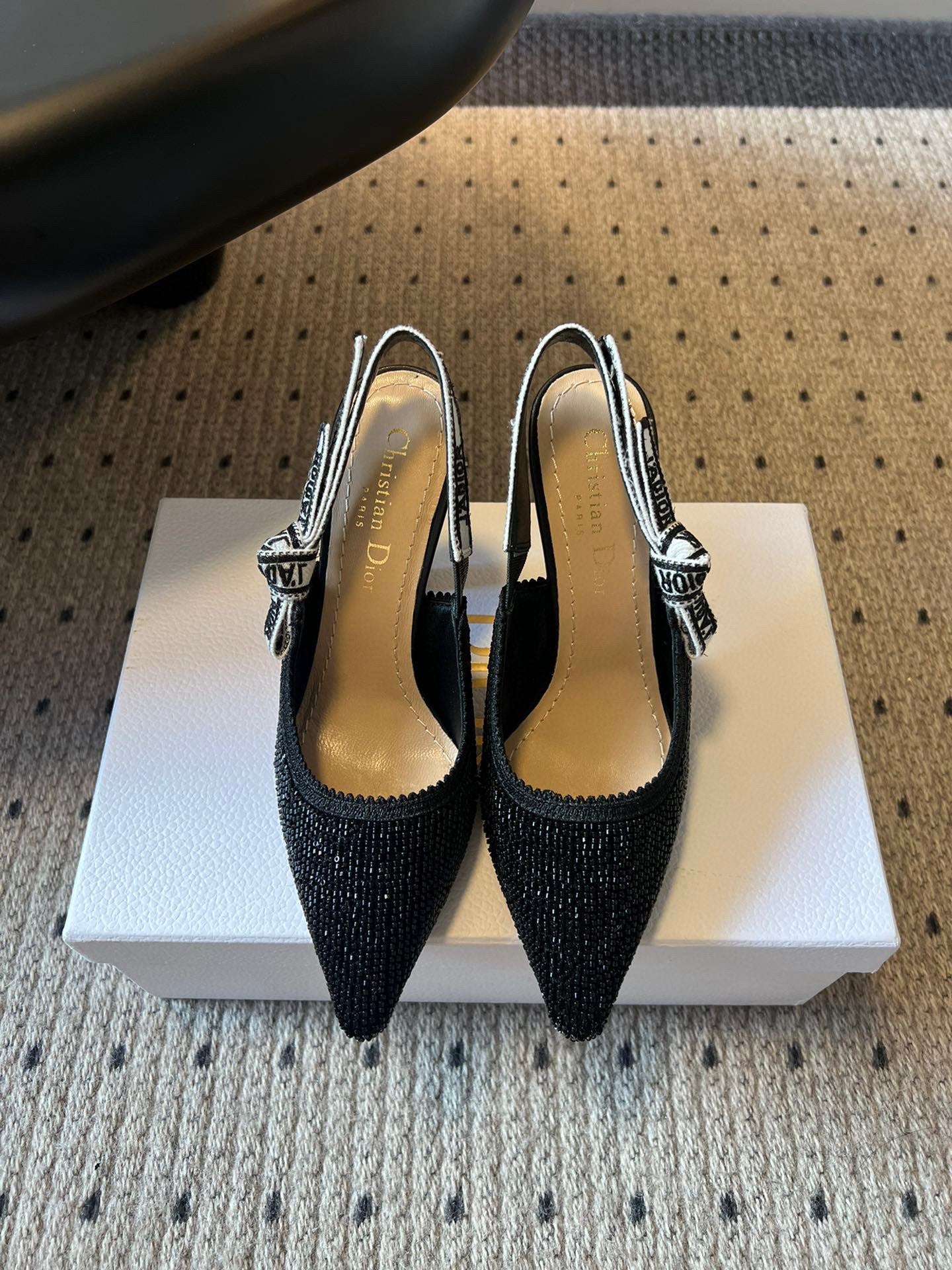 CD J'Adior Slingback heels 95 Black in Cotton with Metallic Thread Embroidery 598134