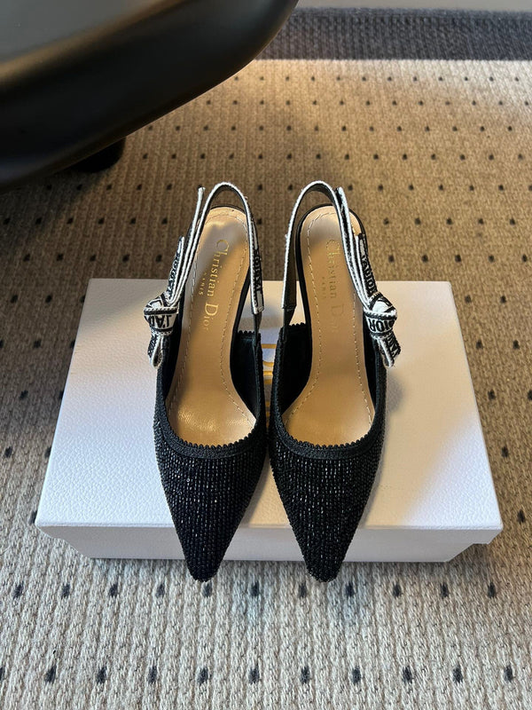 CD J'Adior Slingback heels 95 Black in Cotton with Metallic Thread Embroidery 598134
