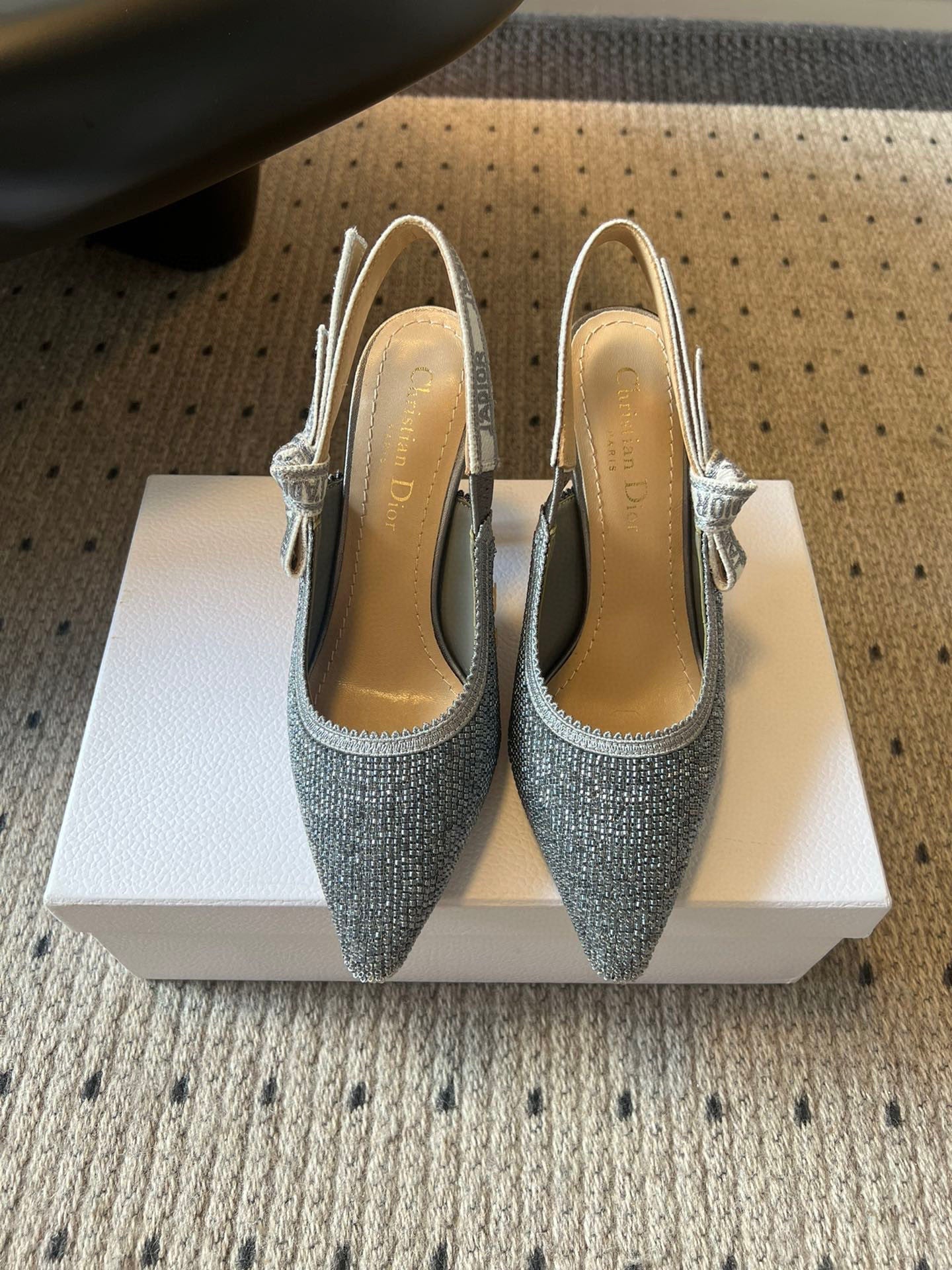 CD J'Adior Slingback heels 95 Gray in Cotton with Metallic Thread Embroidery 598133