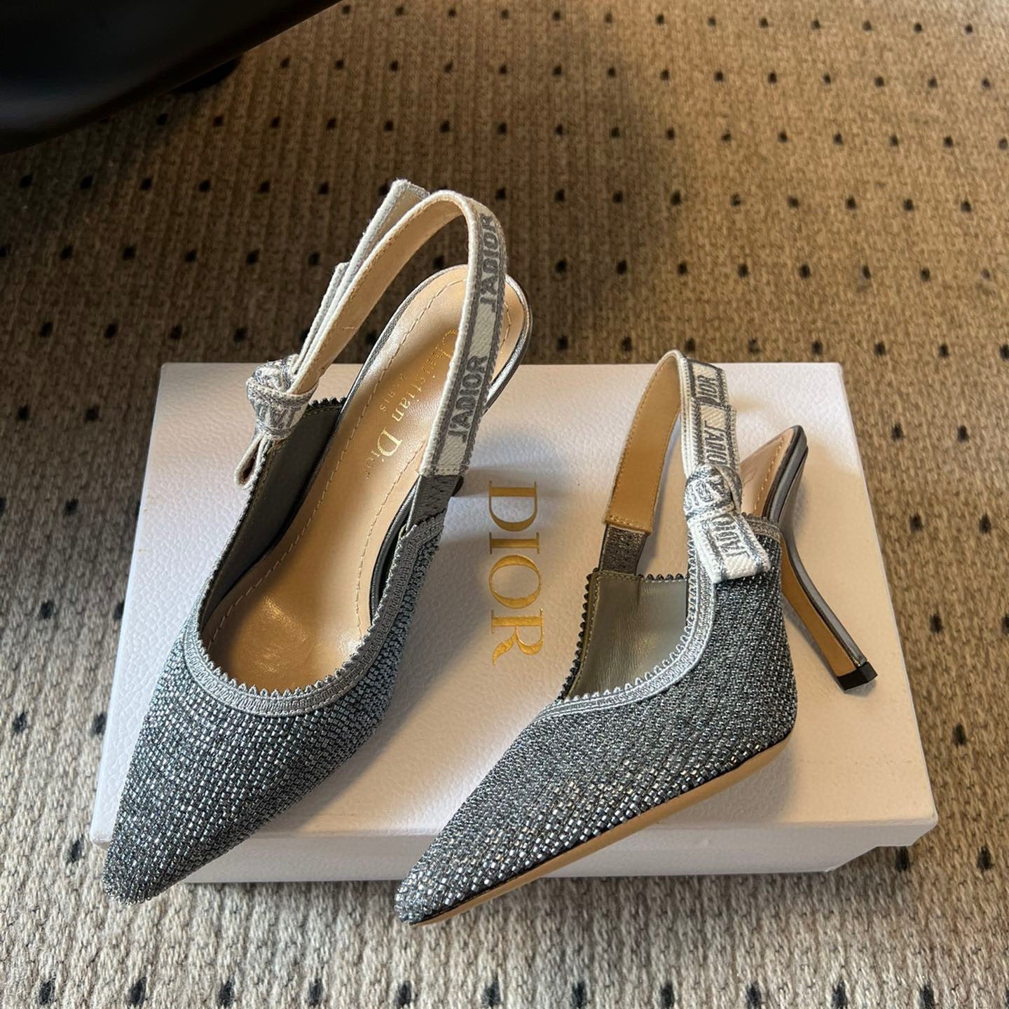 CD J'Adior Slingback heels 95 Gray in Cotton with Metallic Thread Embroidery 598133