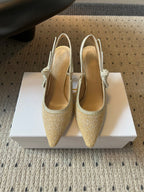 CD J'Adior Slingback heels 95 Beige in Cotton with Metallic Thread Embroidery 598131