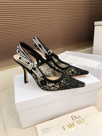CD Ribbon Lace Open-toe Black Sandals 95 in Sheepskin 598116