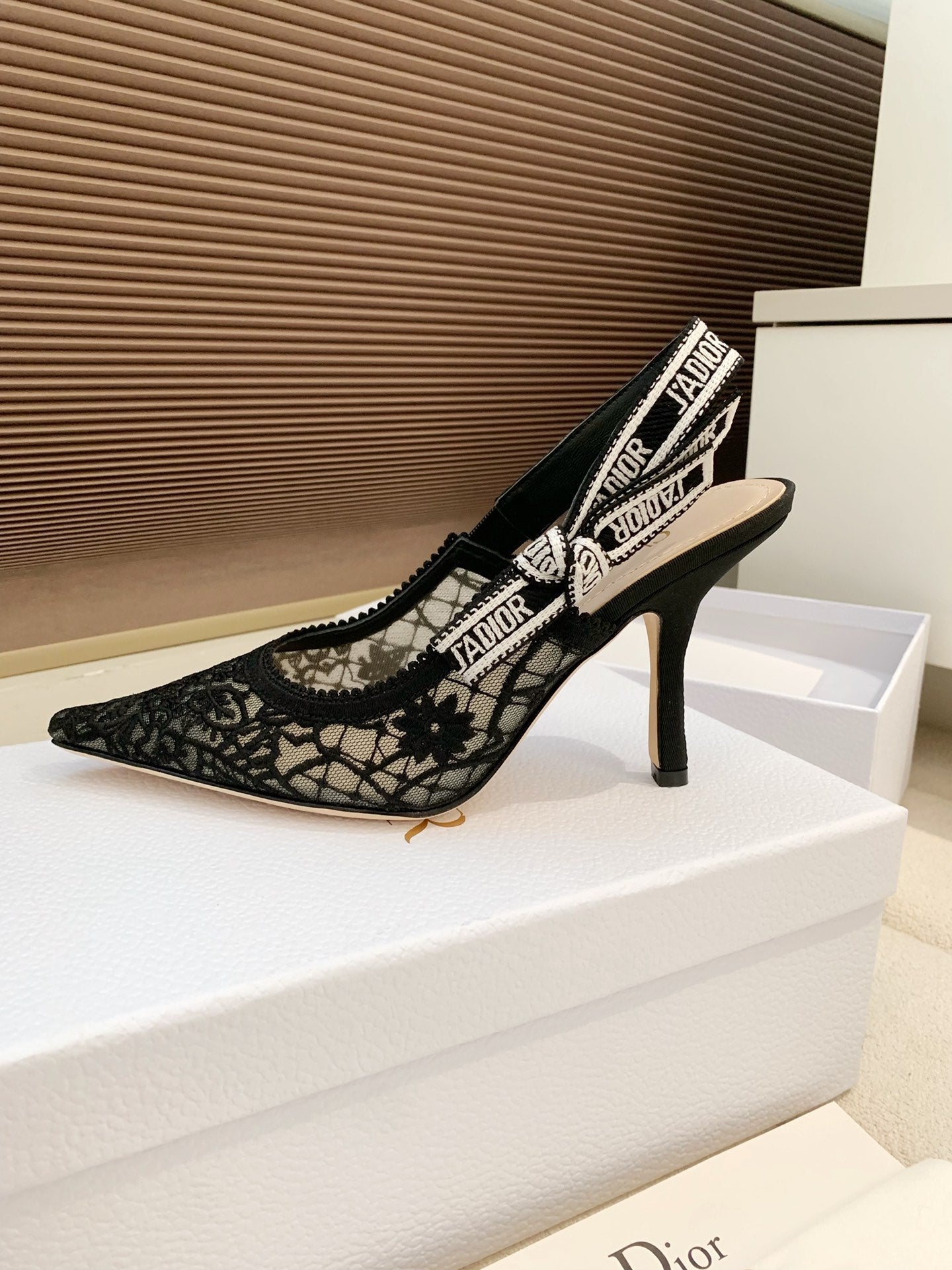 CD Ribbon Lace Open-toe Black Sandals 95 in Sheepskin 598116