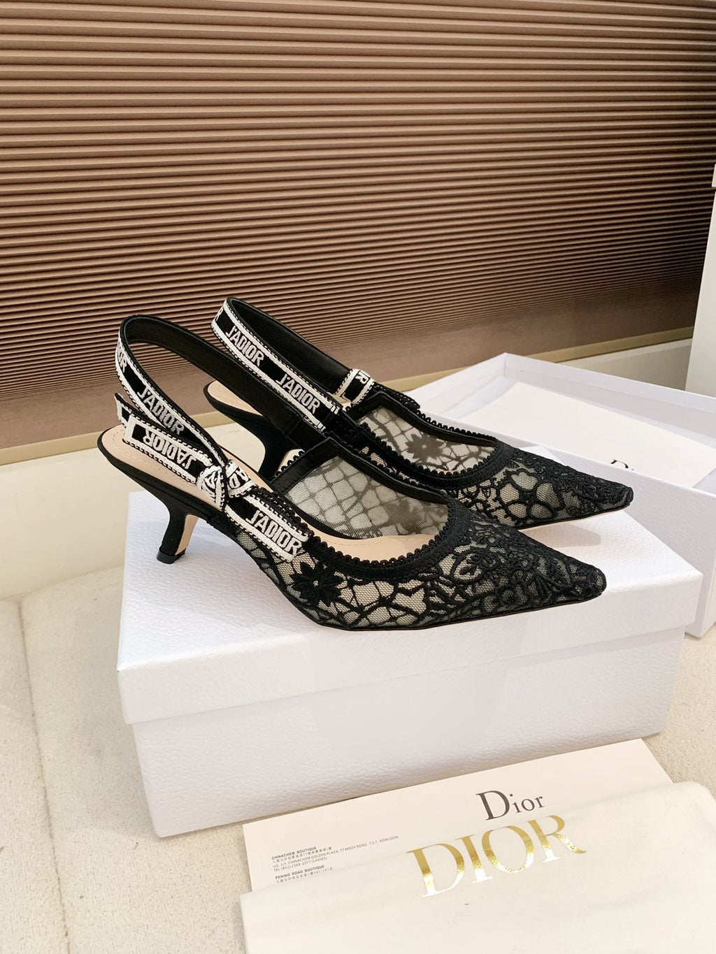 CD Ribbon Lace Open-toe Black Sandals 65 in Sheepskin 598115