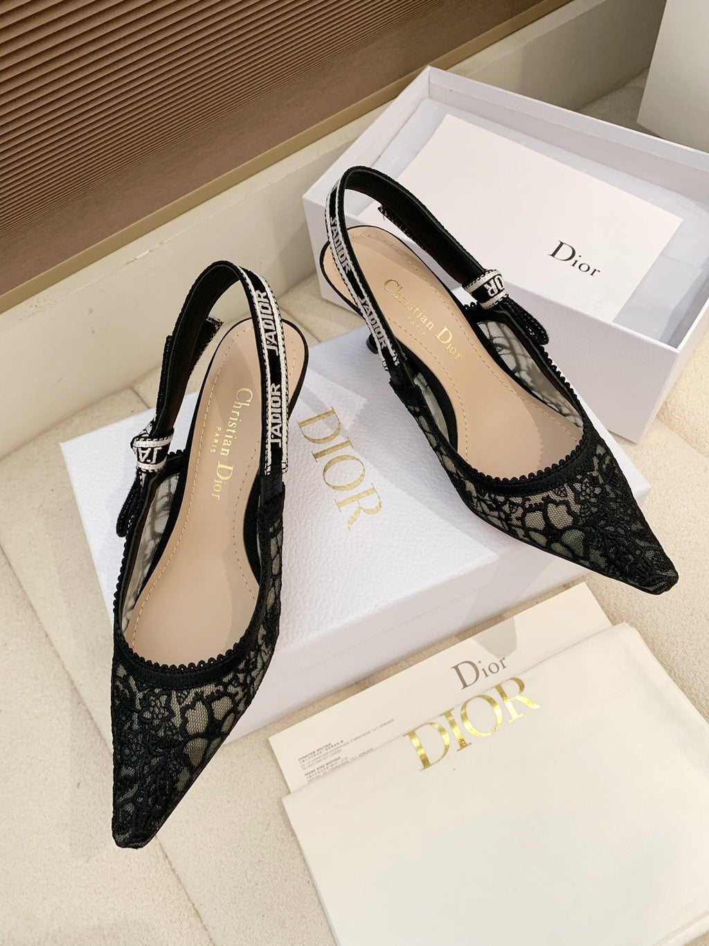 CD Ribbon Lace Open-toe Black Sandals 65 in Sheepskin 598115