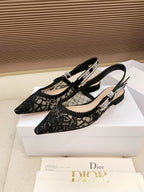 CD Ribbon Lace Open-toe Black Sandals in Sheepskin 598114