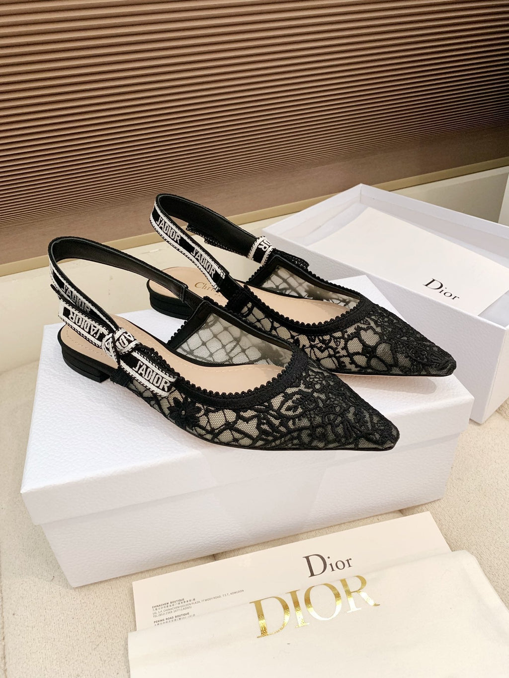 CD Ribbon Lace Open-toe Black Sandals in Sheepskin 598114