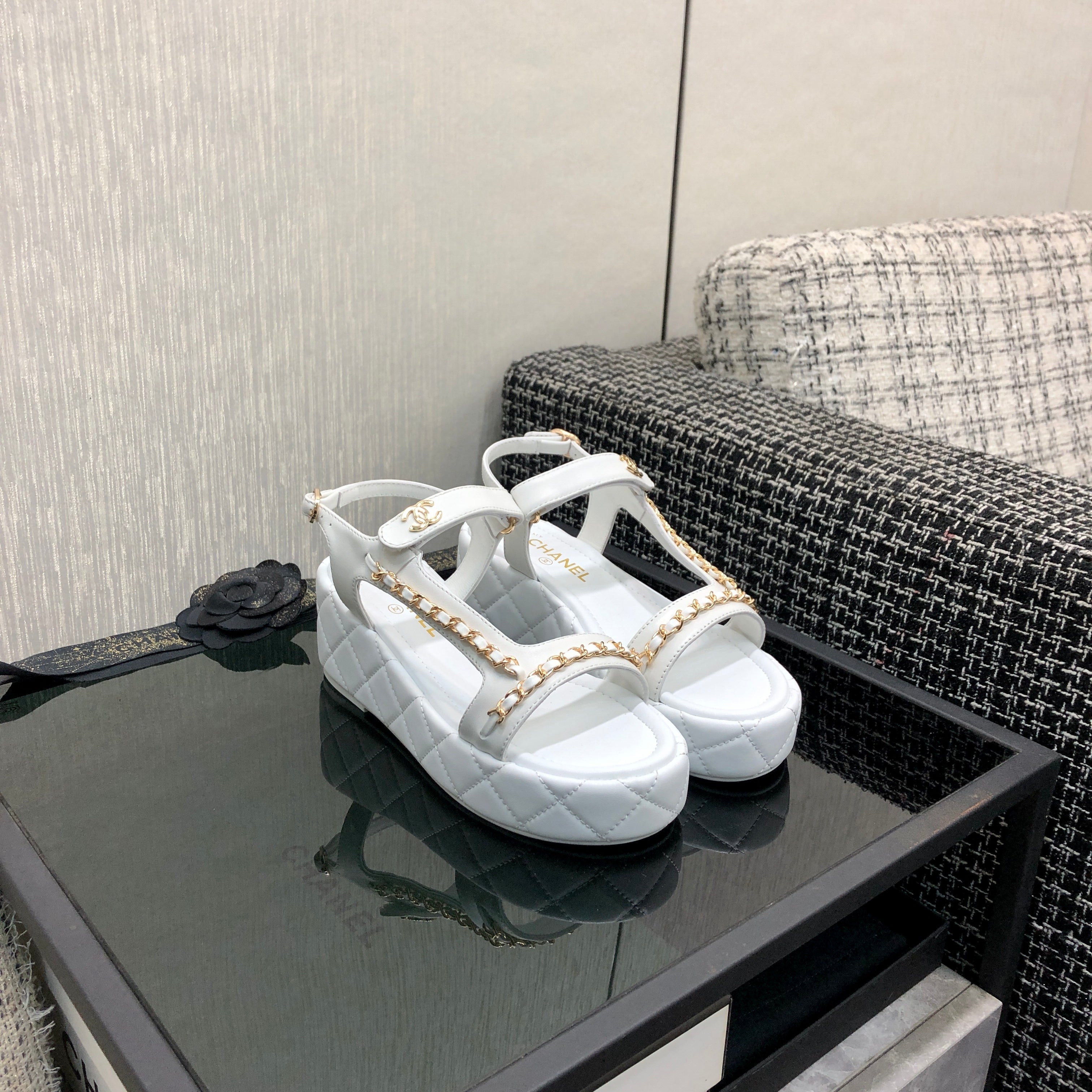 Chanel 26 Platform Chain Sandals White in Lambskin 602506
