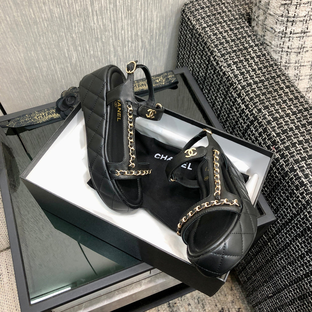 Chanel 26 Platform Chain Sandals Black in Lambskin 602503
