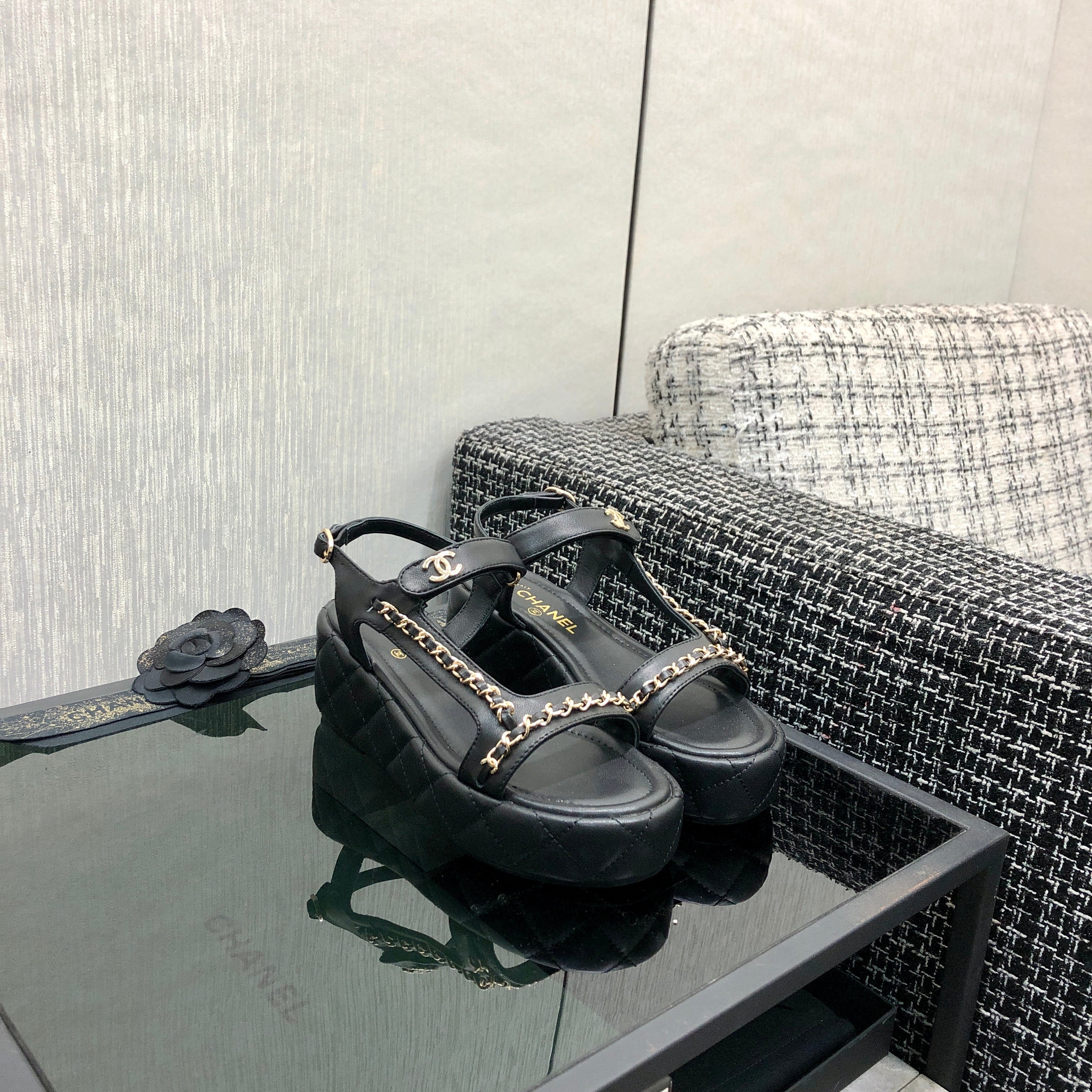 Chanel 26 Platform Chain Sandals Black in Lambskin 602503