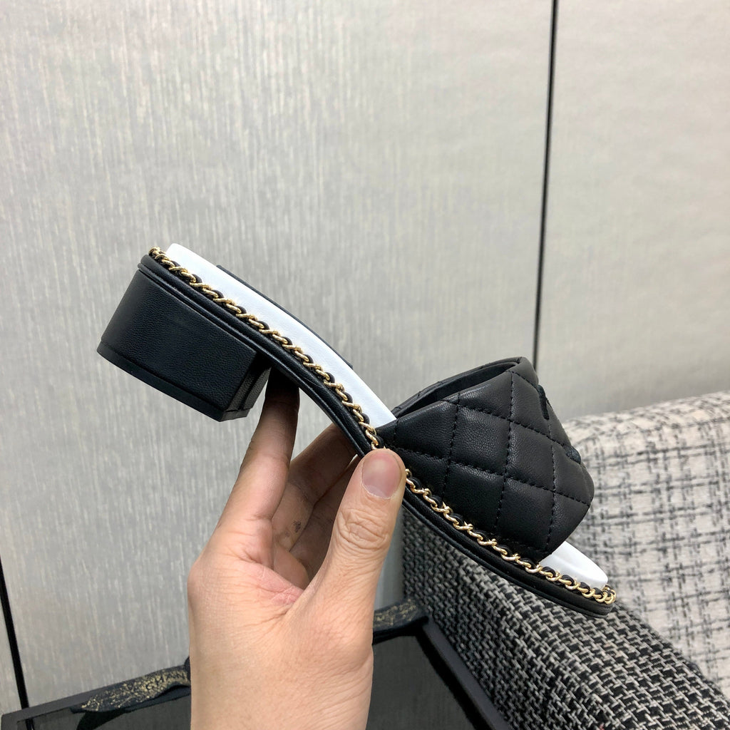 Chanel 26 High-Heeled Chain Slippers Black in Lambskin 602482