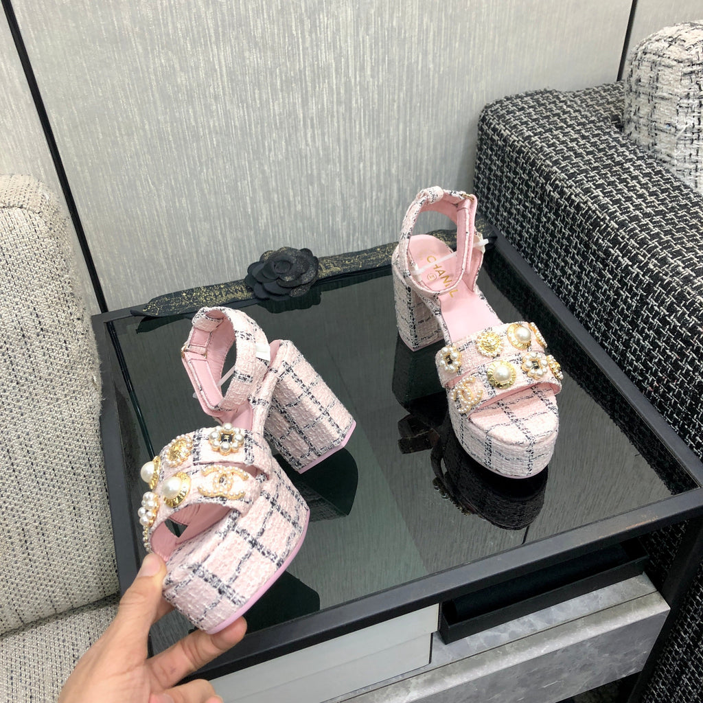 Chanel 26 Runway Style High-Heeled Sandals Pink in Tweed Fabric 602480