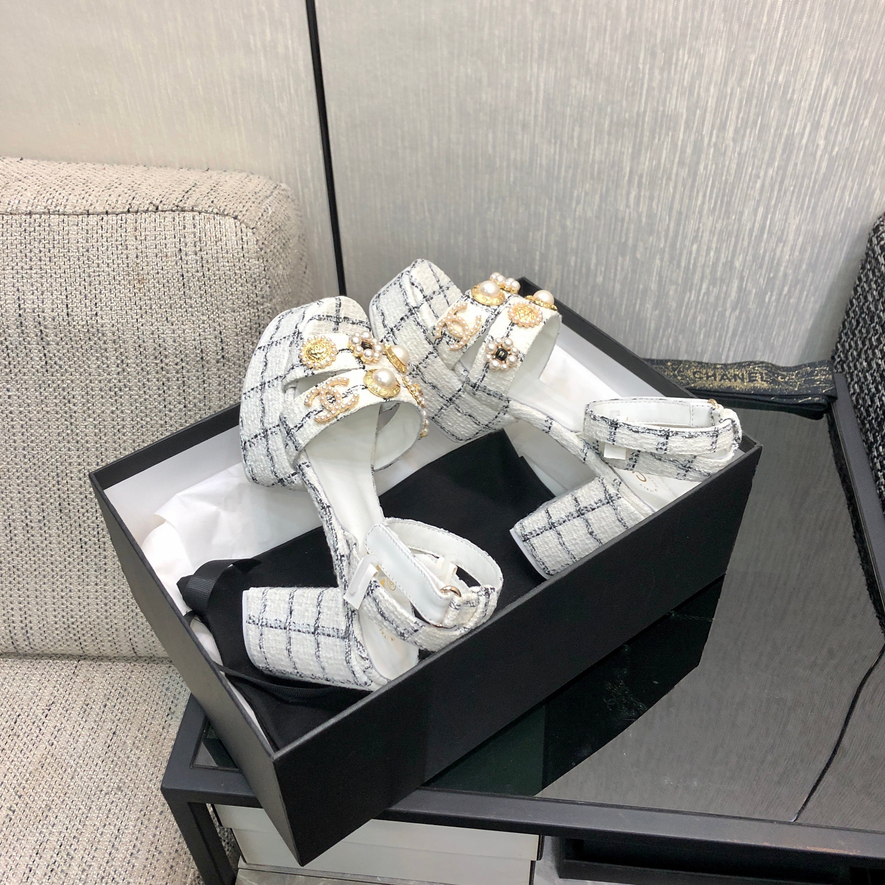 Chanel 26 Runway Style High-Heeled Sandals White in Tweed Fabric 602479