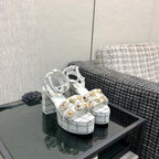 Chanel 26 Runway Style High-Heeled Sandals White in Tweed Fabric 602479
