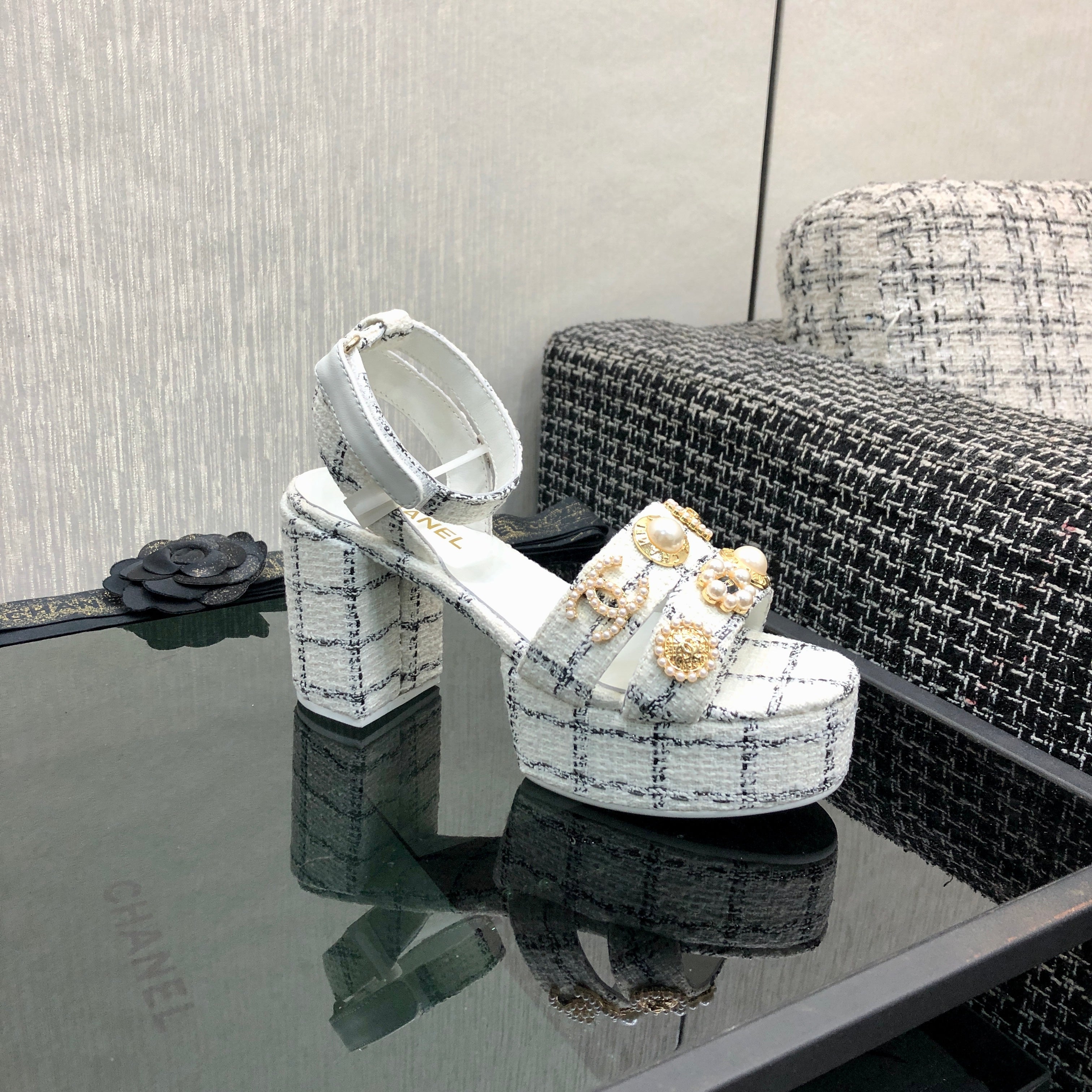 Chanel 26 Runway Style High-Heeled Sandals White in Tweed Fabric 602479