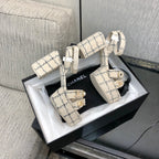 Chanel 26 Runway Style High-Heeled Sandals Off-White in Tweed Fabric 602478