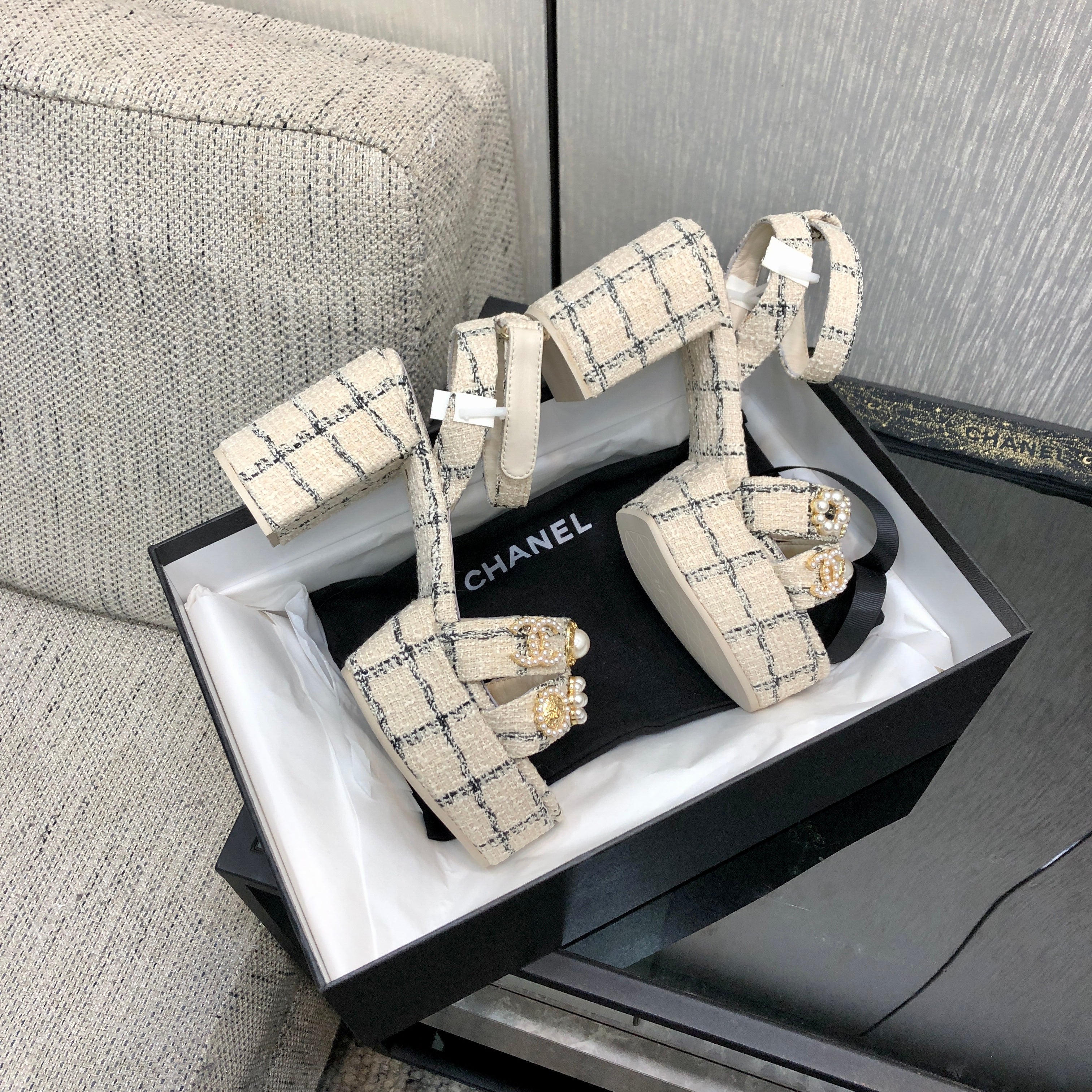 Chanel 26 Runway Style High-Heeled Sandals Off-White in Tweed Fabric 602478