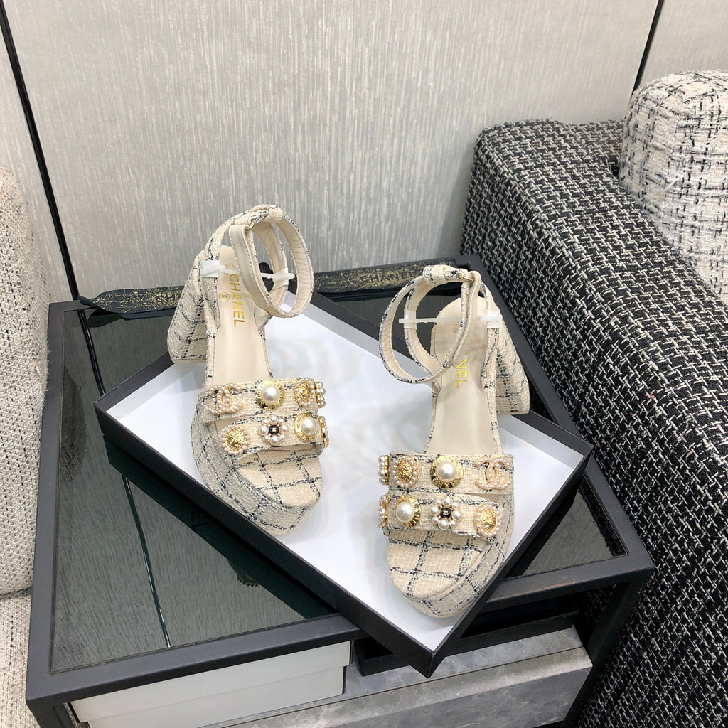 Chanel 26 Runway Style High-Heeled Sandals Off-White in Tweed Fabric 602478