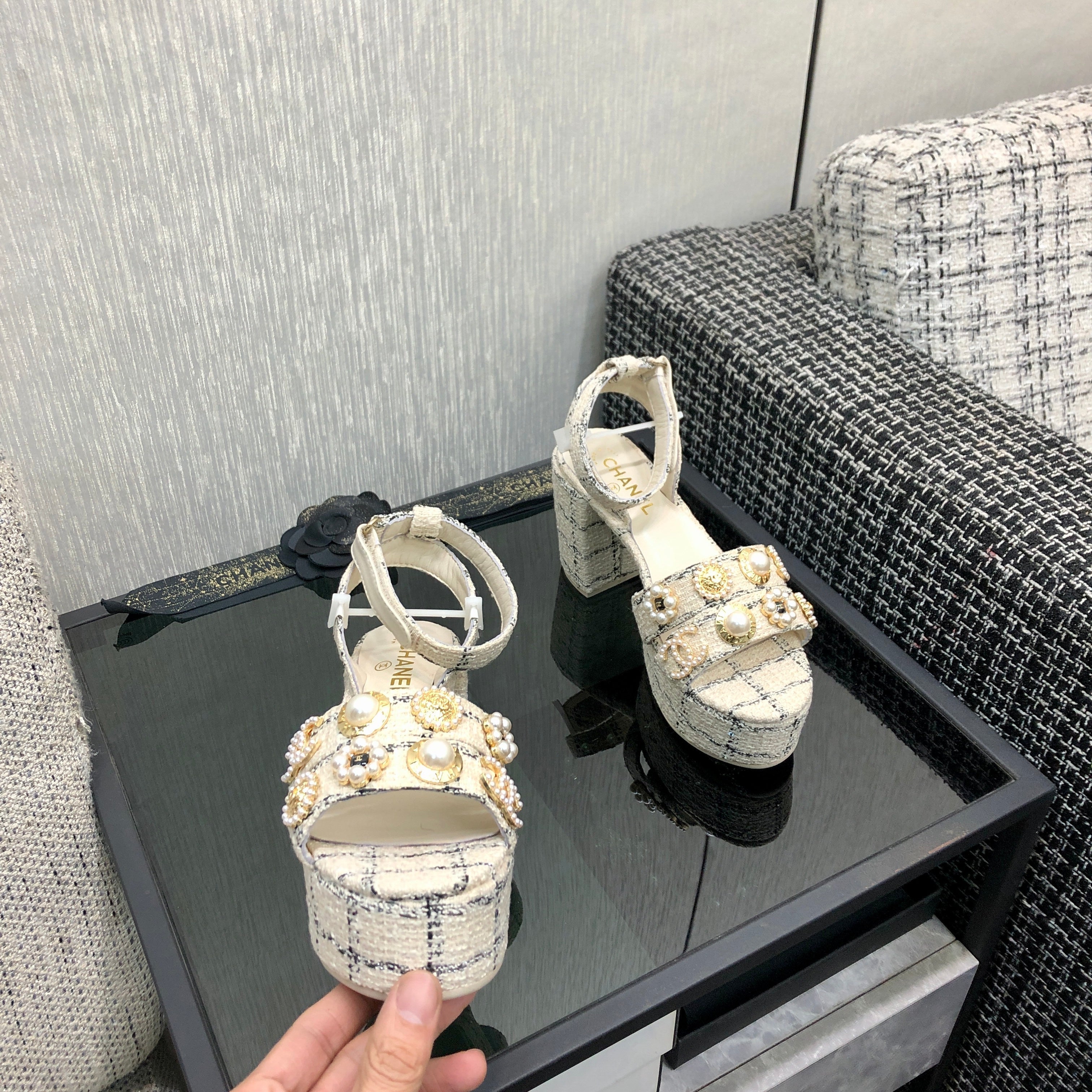 Chanel 26 Runway Style High-Heeled Sandals Off-White in Tweed Fabric 602478