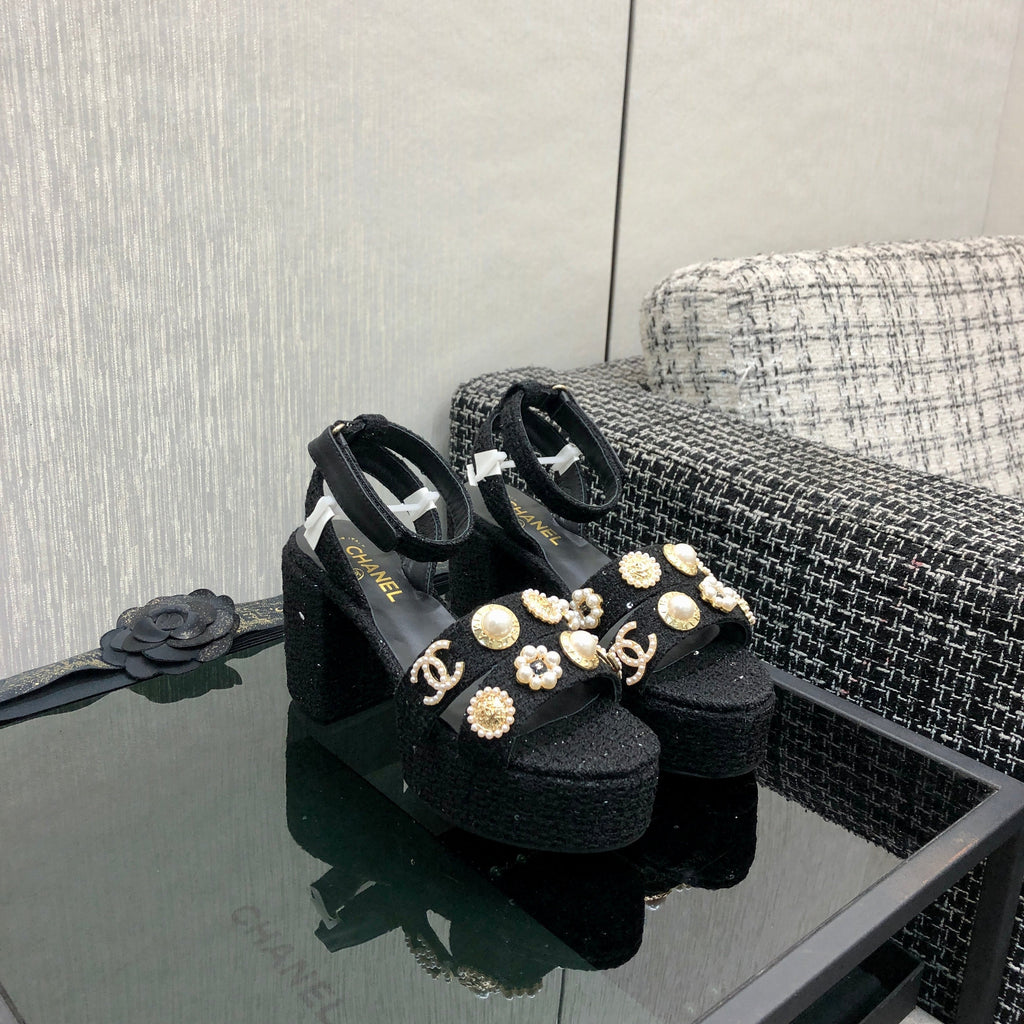Chanel 26 Runway Style High-Heeled Sandals Black in Tweed Fabric 602477