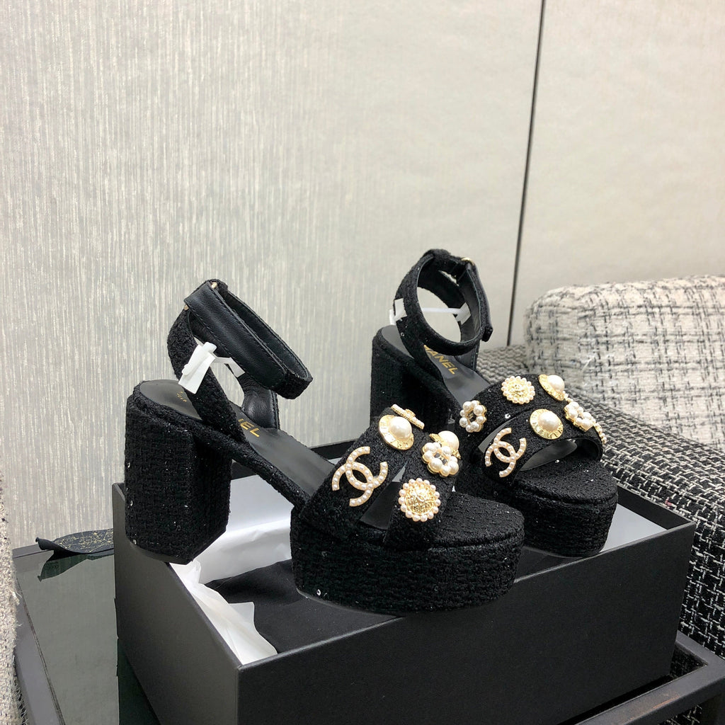 Chanel 26 Runway Style High-Heeled Sandals Black in Tweed Fabric 602477