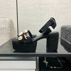 Chanel 26 Runway Style High-Heeled Sandals Black in Tweed Fabric 602477