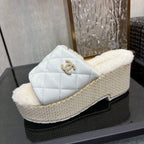 Chane 26 Platform Slippers White Beige in Patent Leather with Wool 602466